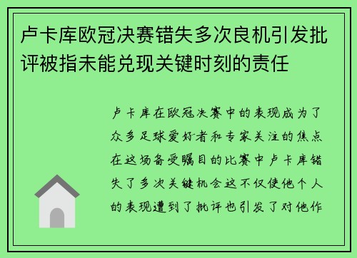 卢卡库欧冠决赛错失多次良机引发批评被指未能兑现关键时刻的责任
