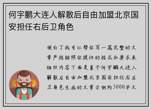 何宇鹏大连人解散后自由加盟北京国安担任右后卫角色